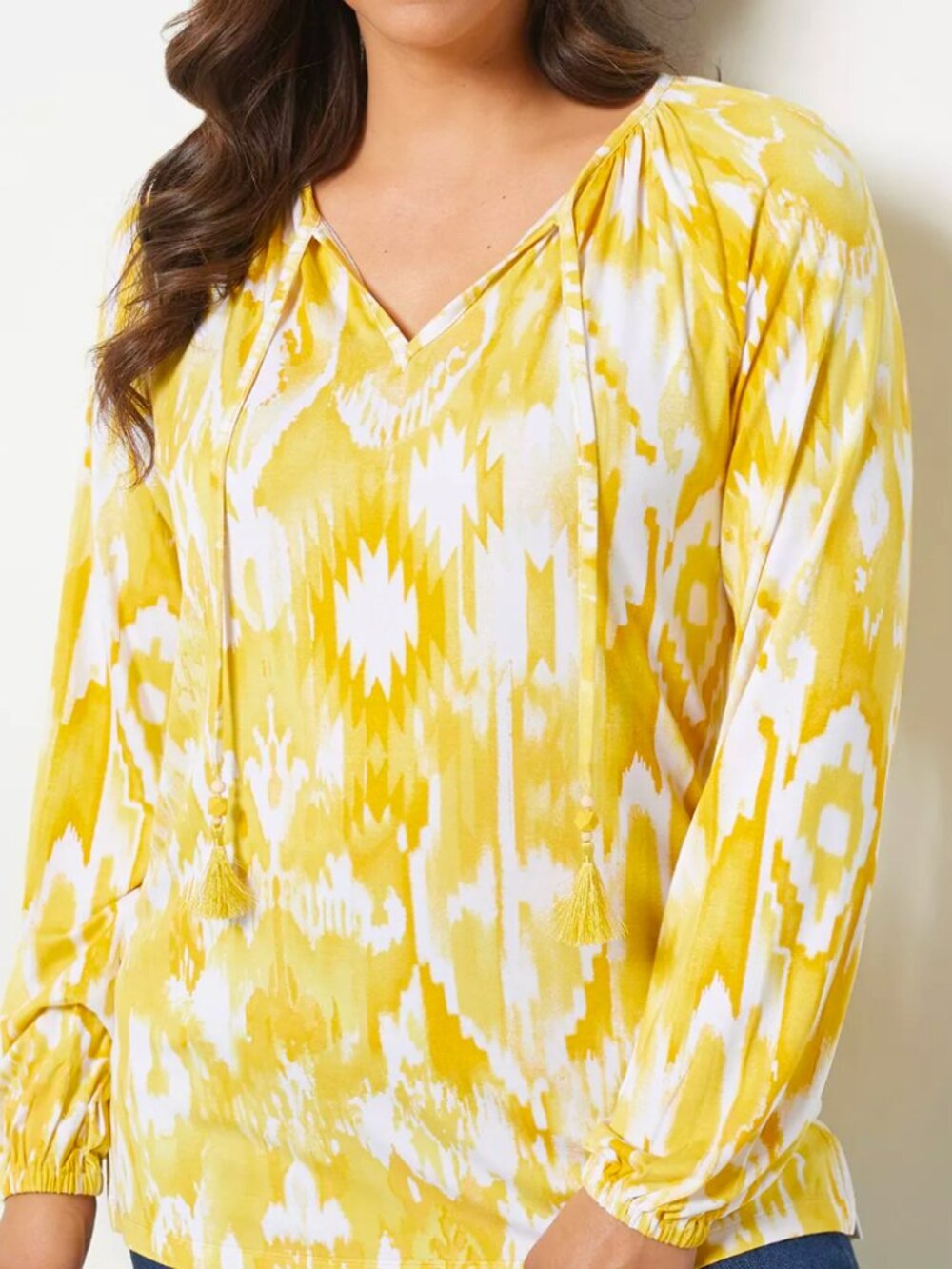 Belle by Kim Gravel Rayon Spandex Painted Desert Tassel Peasant Blouse Yellow L